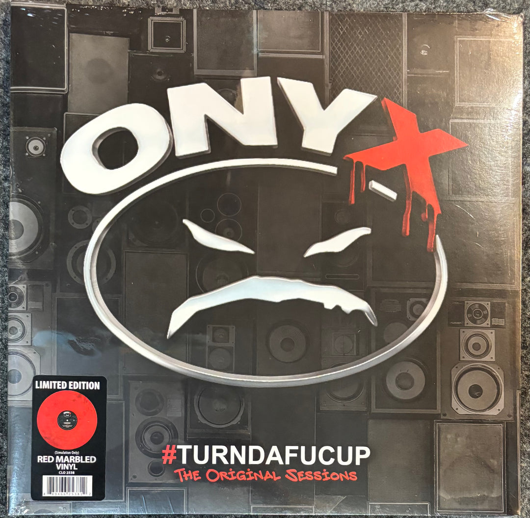 Onyx 'Turndafucup: The Original Sessions' limited edition vinyl record cover, sealed in plastic with a red marble sticker, photographed on a dark textured surface.