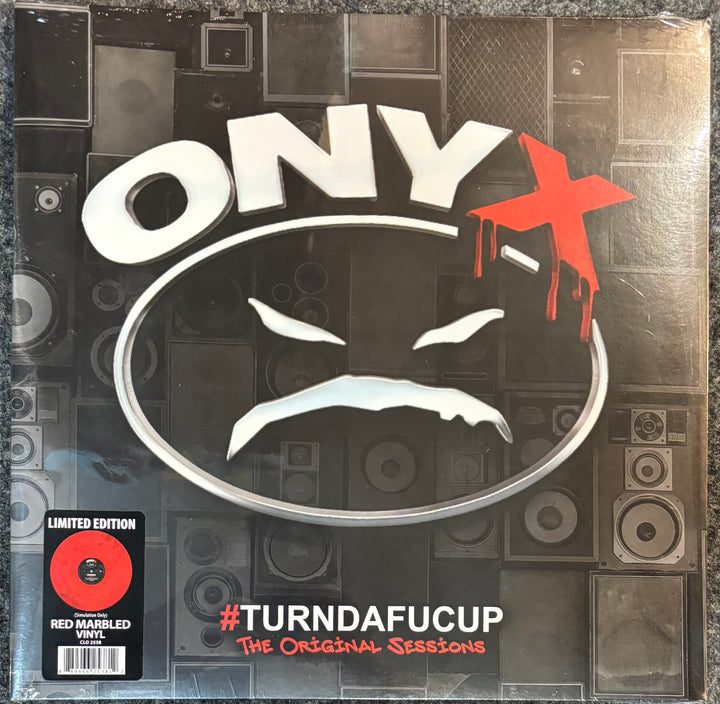 Onyx 'Turndafucup: The Original Sessions' limited edition vinyl record cover, sealed in plastic with a red marble sticker, photographed on a dark textured surface.