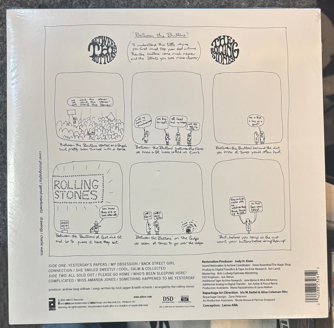 Back cover of a The Rolling Stones – Between The Buttons with illustrations and text, featuring the Rolling Stones logo.