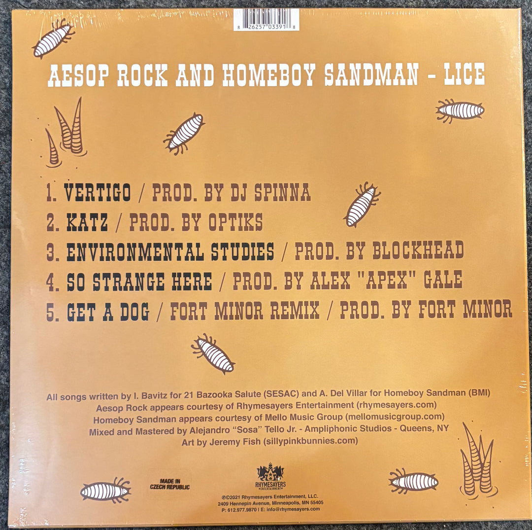 The back cover of a vinyl record for 'Aesop Rock and Homeboy Sandman - Lice' on the label Casely Republic. The cover is a warm tan/beige color with dark brown text and illustrations of cockroaches.