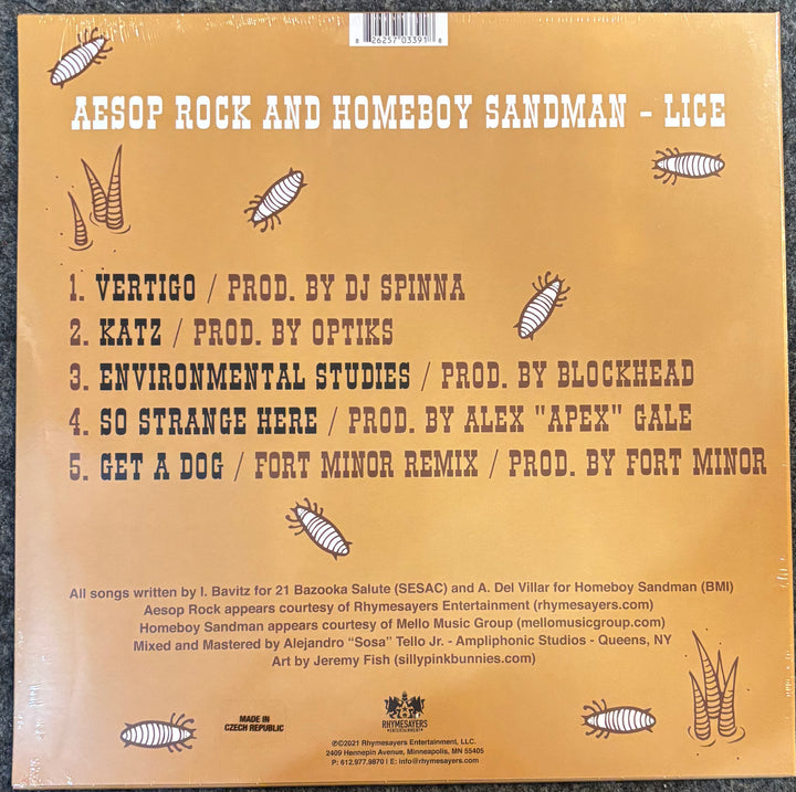 The back cover of a vinyl record for 'Aesop Rock and Homeboy Sandman - Lice' on the label Casely Republic. The cover is a warm tan/beige color with dark brown text and illustrations of cockroaches.