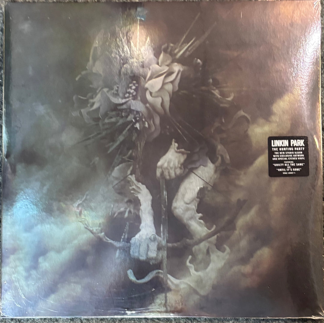 Linkin Park - Hunting Party cover, sealed in its plastic shrink wrap, featuring a dark, surreal fantasy illustration of a skeletal figure with a sword.