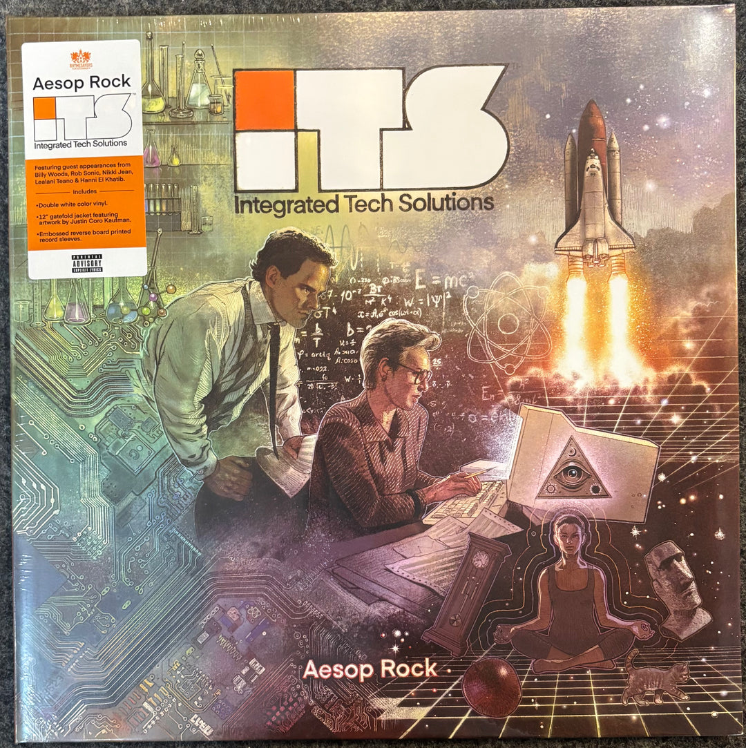 A square printed artwork or album/book cover featuring the text 'ITS Integrated Tech Solutions' and 'Aesop Rock,' with a collage of tech-themed imagery including circuit boards, two people working at a desk, a rocket launch, and a meditating figure. A white Aesop Rock sticker is visible on the left side.
