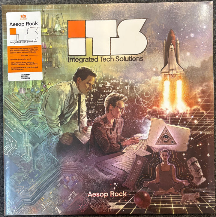 A square printed artwork or album/book cover featuring the text 'ITS Integrated Tech Solutions' and 'Aesop Rock,' with a collage of tech-themed imagery including circuit boards, two people working at a desk, a rocket launch, and a meditating figure. A white Aesop Rock sticker is visible on the left side.