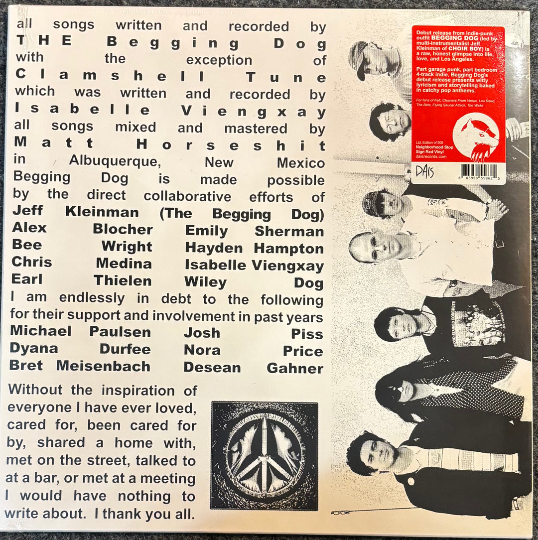 The cover of Begging Dog - Demo 1', featuring a white background with black text, a red and white 20th Century Records logo block, and a collage of black-and-white portraits of the collaborating artists.