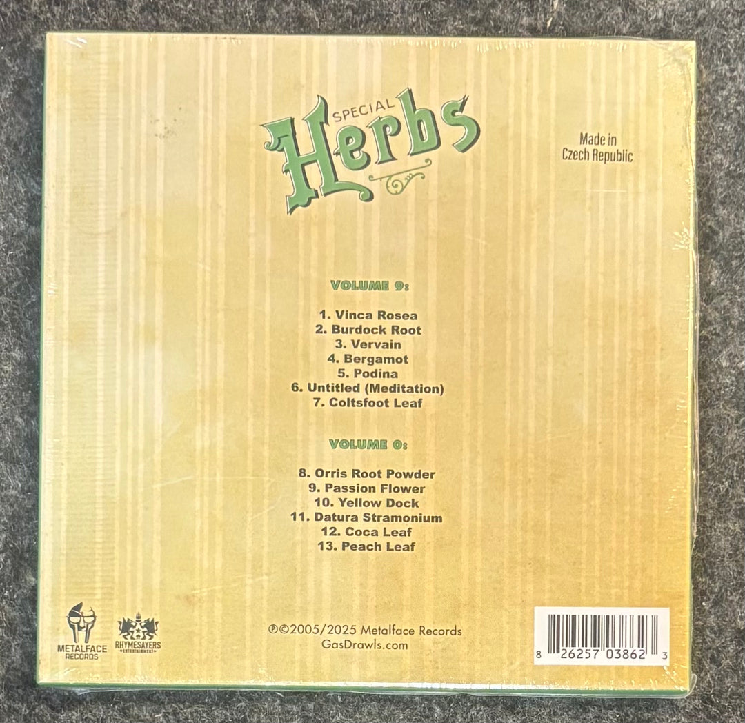The back of a 'Special Herbs' music CD case, featuring a light wood-grain textured design with track listings, release info, and a barcode.