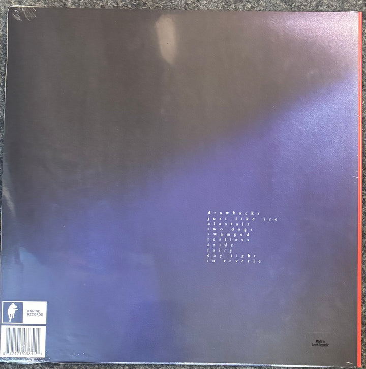 The back cover of dust – Sky is Falling. The cover is dark with a blue-purple gradient and white text, sealed in plastic with a barcode sticker on the bottom left.