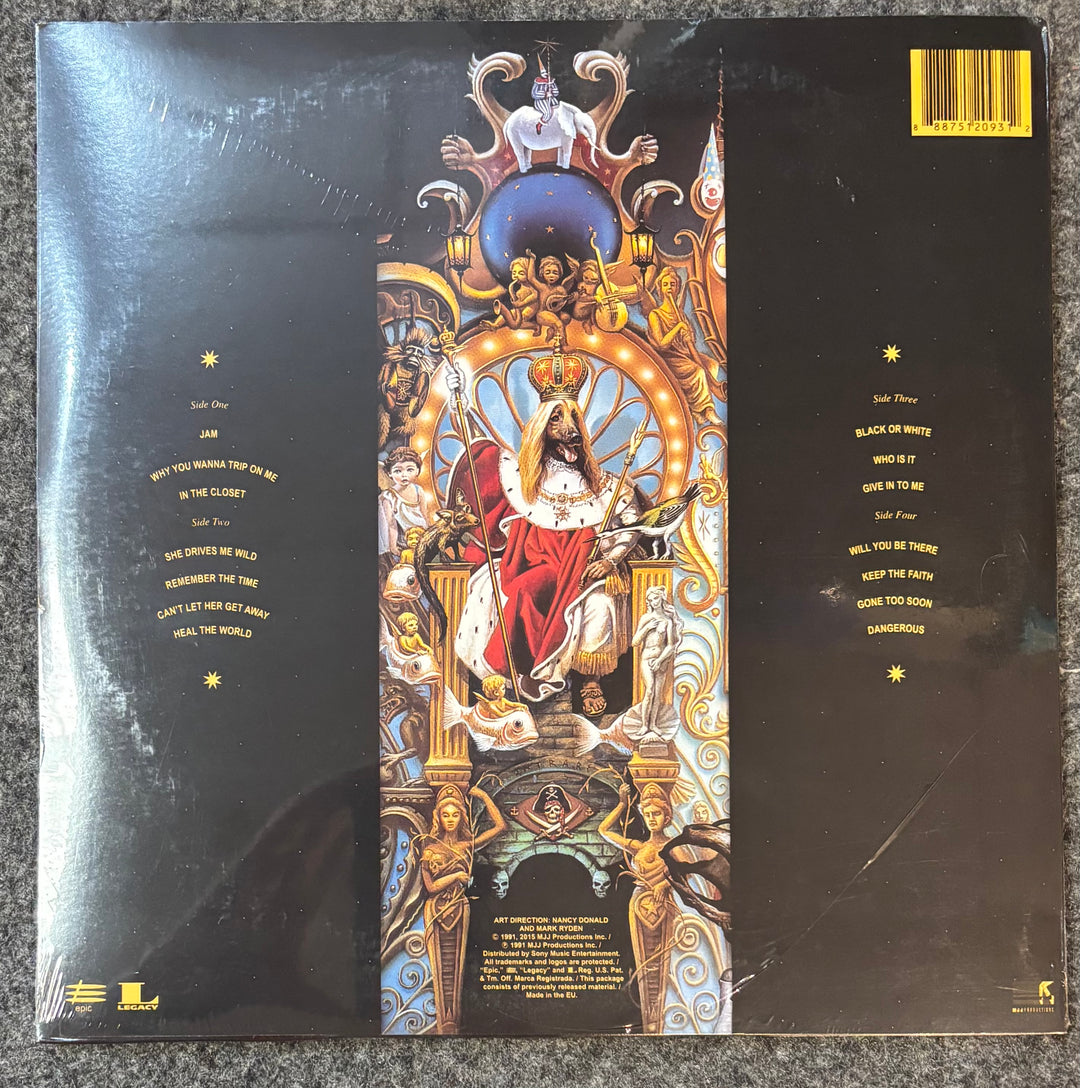 JACKSON, MICHAEL - DANGEROUS back Vinyl record cover with ornate design and text on a black background