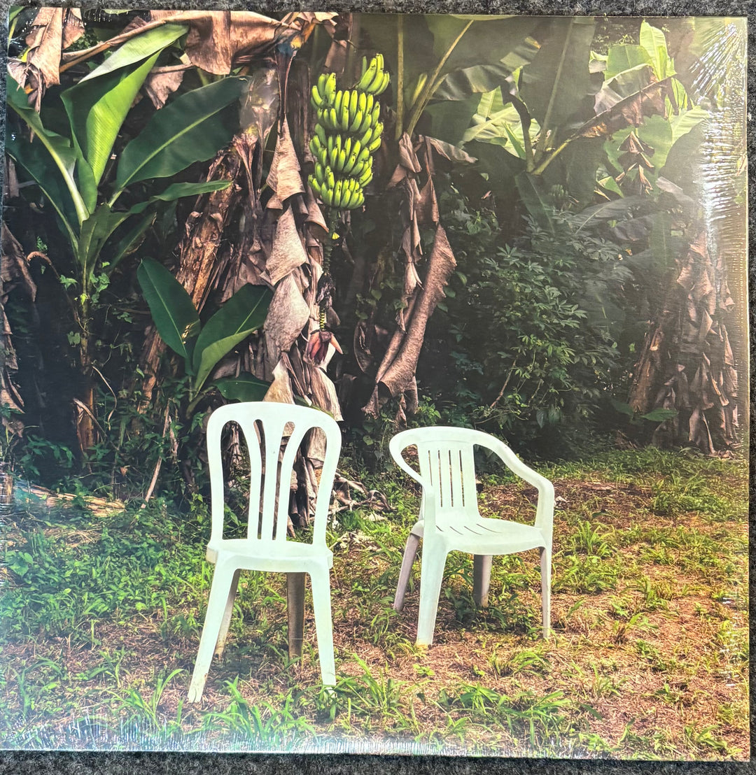 Bad Bunny - Debi Tirar Mas Fotos cover feat. Two white plastic chairs in a grassy area with banana trees and fruit.