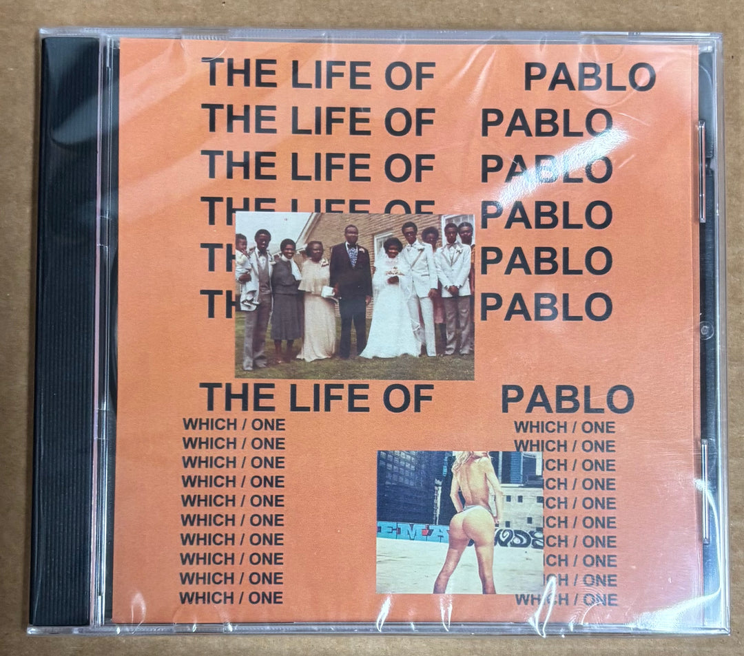CD cover of 'The Life of Pablo' by Kanye West with text and images on an orange background.