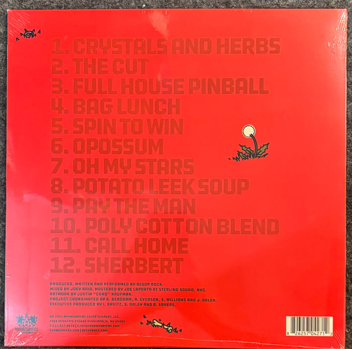 The back cover of a vinyl record for Aesop Rock - I Heard It’s A Mess There Too, featuring a bright red background with the 12 track titles printed in a matching terracotta red font.