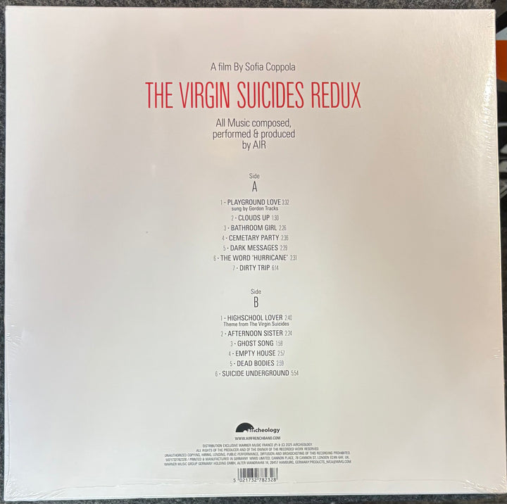 Back cover of AIR - THE VIRGIN SUICIDES REDUX with text about 'The Virgin Suicides Redux' and Air's music composition.