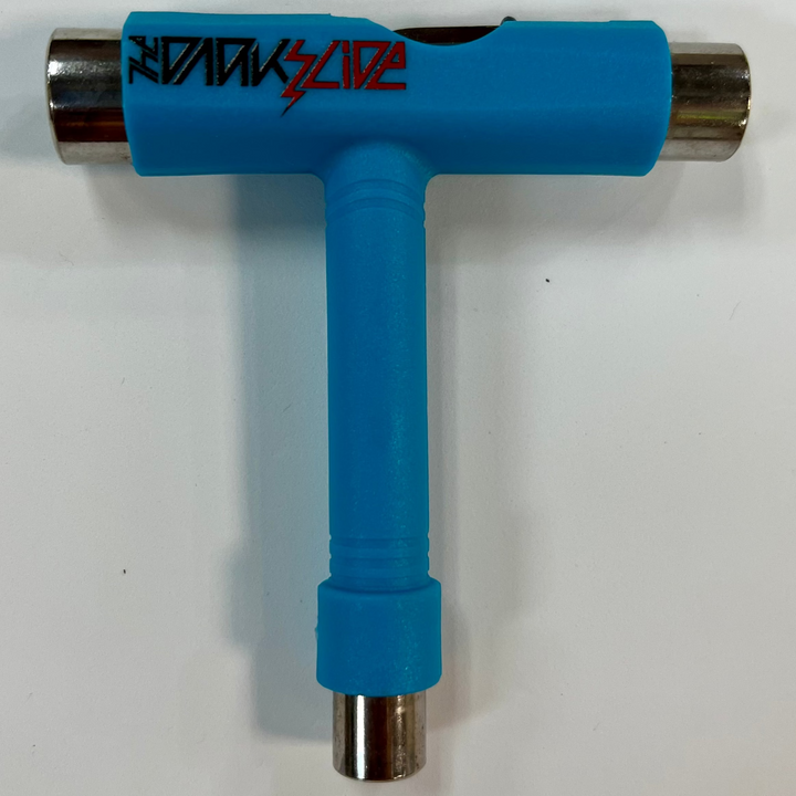 The Dark Slide "Lightning Logo" light blue T-shaped skateboard tool with sockets for different skateboard parts and Allen and Phillips wrenches. 