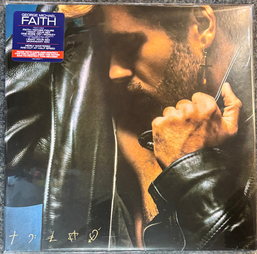 Album cover of 'Faith' by George Michael with a close-up of a person wearing a leather jacket.