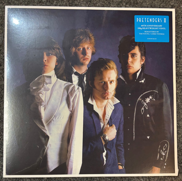 Pretenders II record cover featuring a band with a blue label on top right corner.