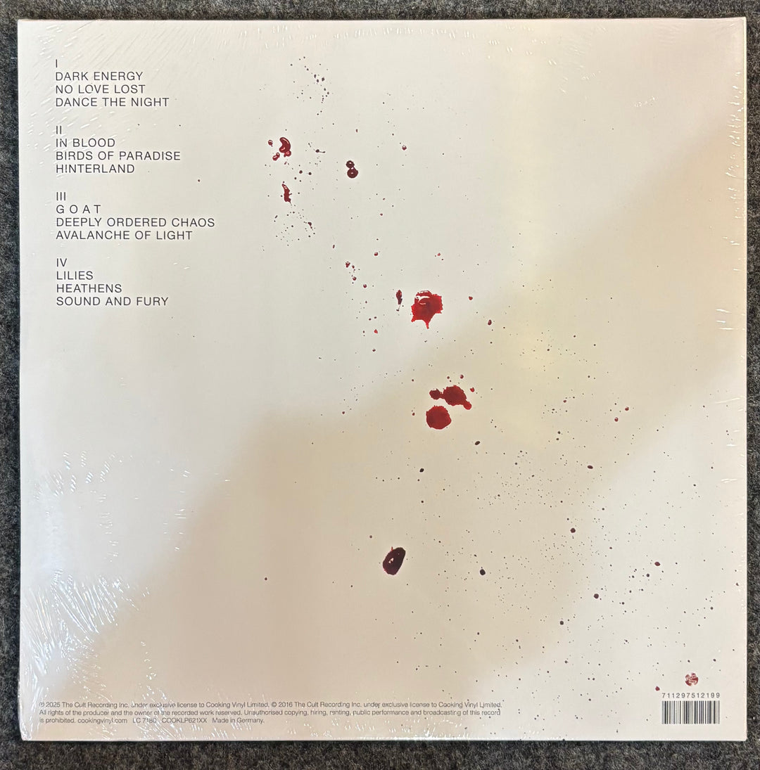 Back cover of CULT, THE – HIDDEN CITY with text and red specks on a beige background