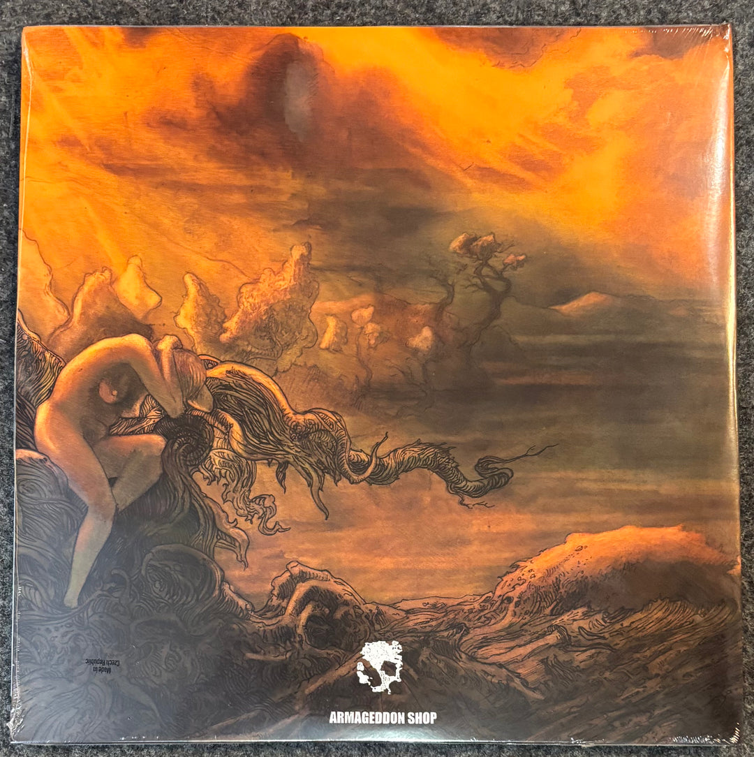 Elder - Dead Roots Stirring cover with artistic depiction of figures and creatures against a fiery sky, featuring the Armageddon Shop logo.