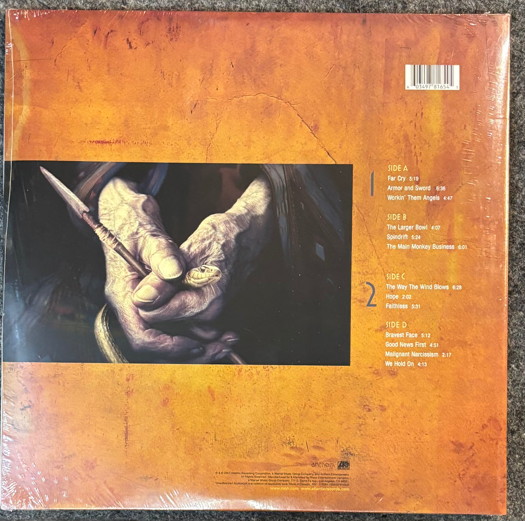 RUSH - SNAKES & ARROWS record sleeve with a hand holding a spear and album tracklist on an orange background