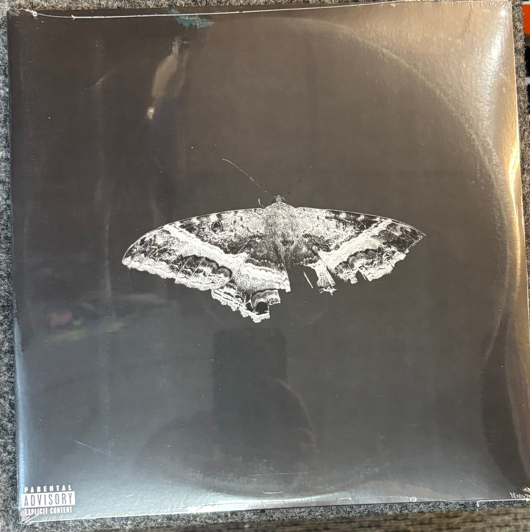 Kendrick Lamar – To Pimp A Butterfly record cover with a moth illustration on a reflective surface