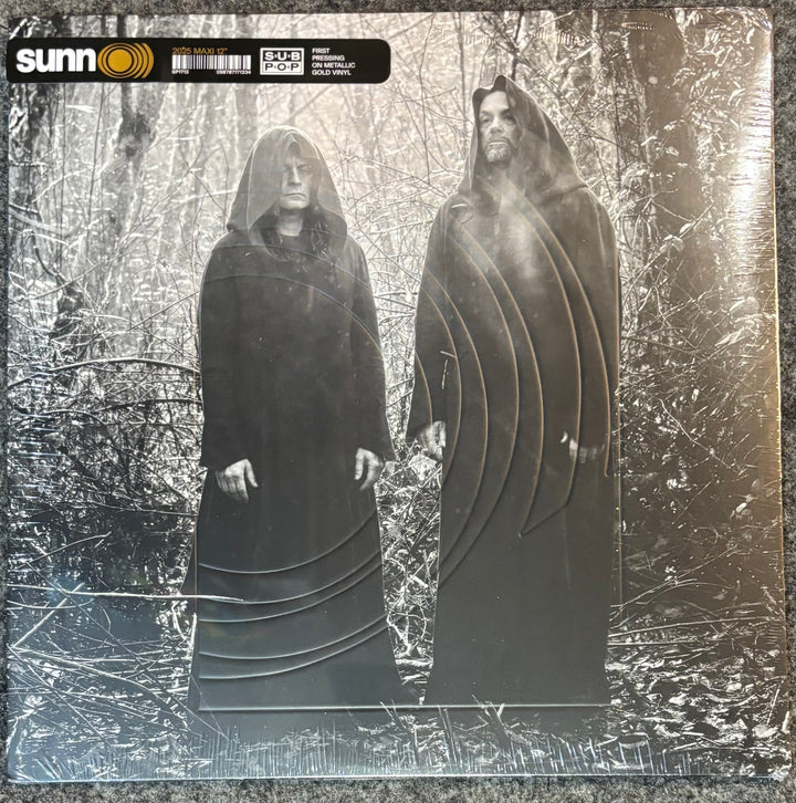 A vinyl record sleeve for Sunn O))) - Eternity's Pillars, featuring a black and white artistic photo of two hooded figures standing in a forest. The black 'sunn' logo sticker is visible in the top left corner.