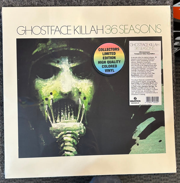 Vinyl record cover for '36 Seasons' by Ghostface Killah with a stylized face design.