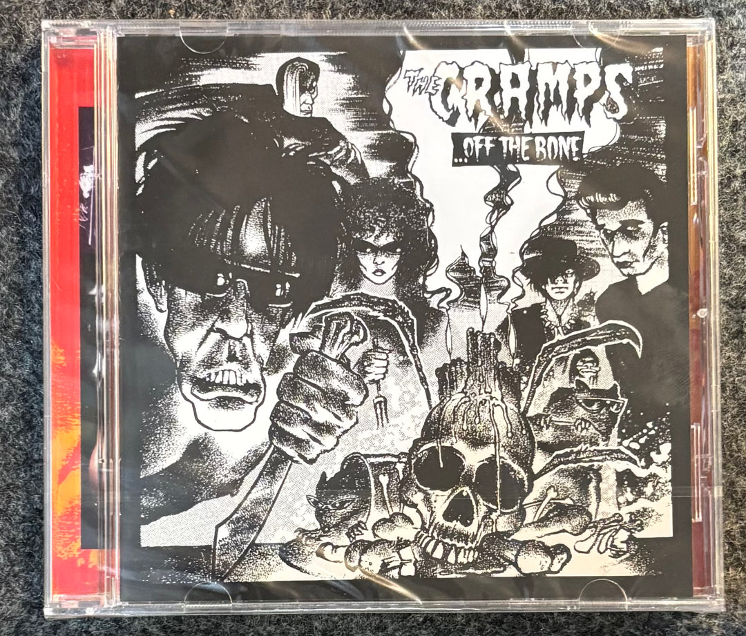 CRAMPS, THE - OFF THE BONE cover with black and white illustration featuring a skull, skeleton, and text 'The Cramps Off The Bone'.
