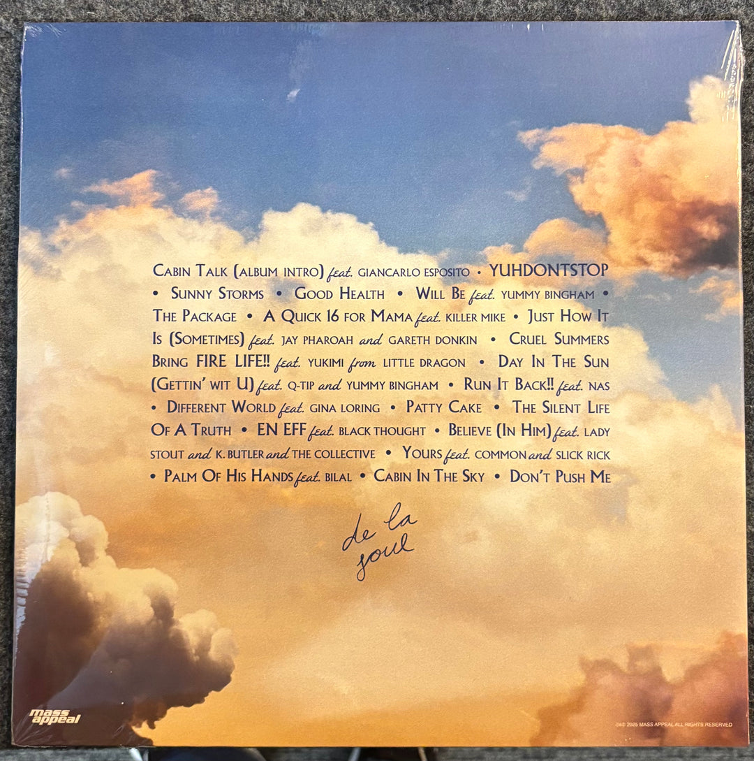 DE LA SOUL - CABIN IN THE SKY cover with cloud design and tracklist on a blue and orange gradient background