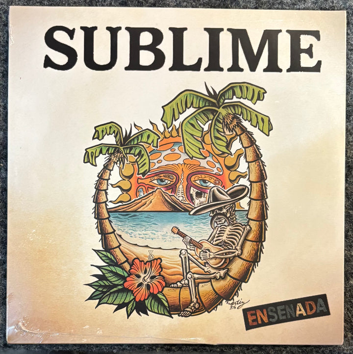 Album cover for 'Ensenada' by Sublime with a skeleton playing guitar, palm trees, and a mask.
