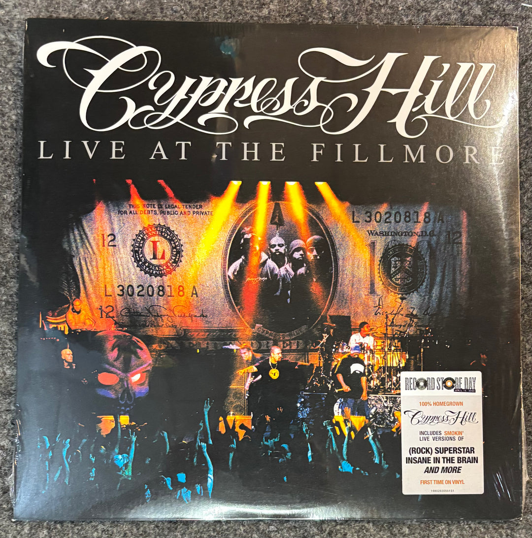 Vinyl record cover for 'Cypress Hill Live at the Fillmore' with band performance and concert details.