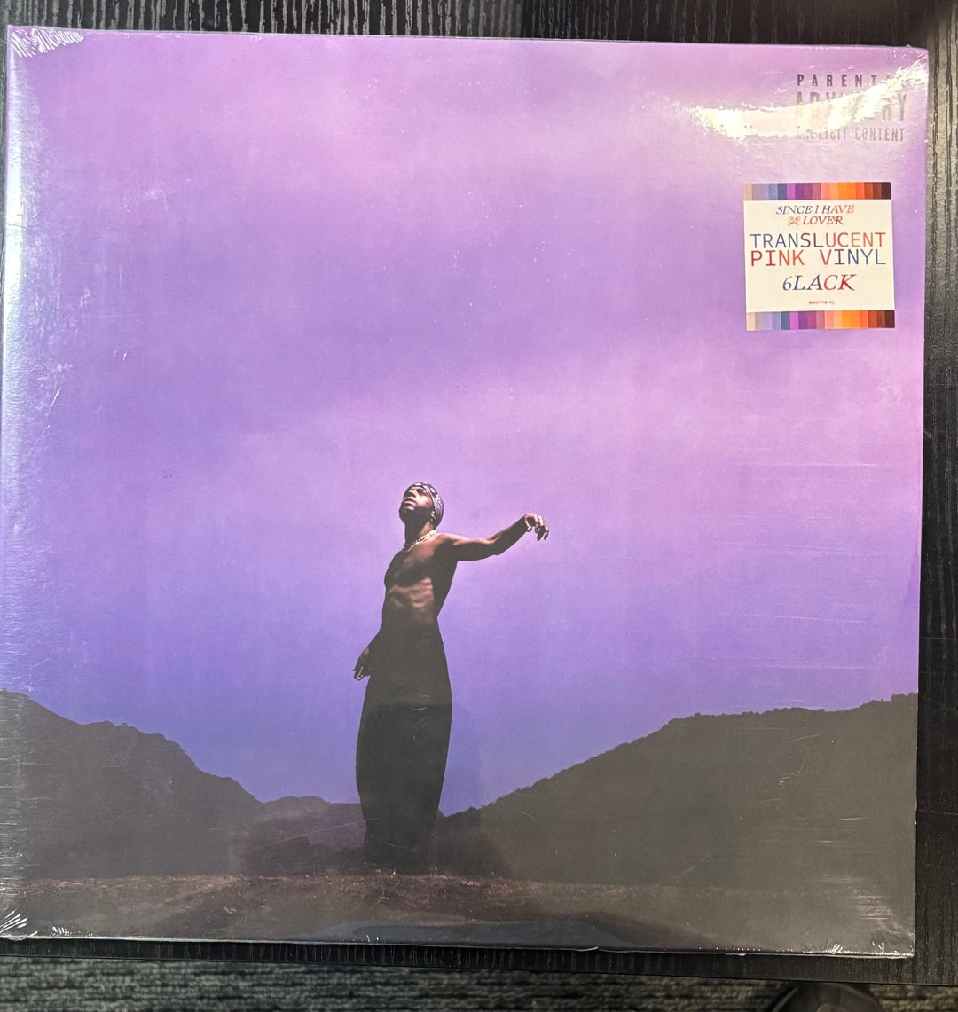 Vinyl record with a purple cover featuring a person and mountain landscape, on a black surface.