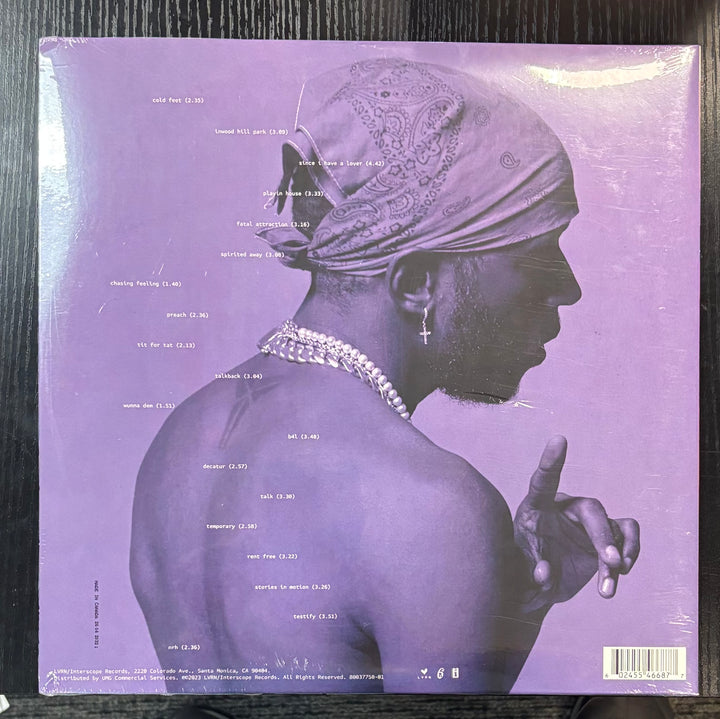 Album cover with a stylized silhouette of a person wearing a headscarf on a purple background