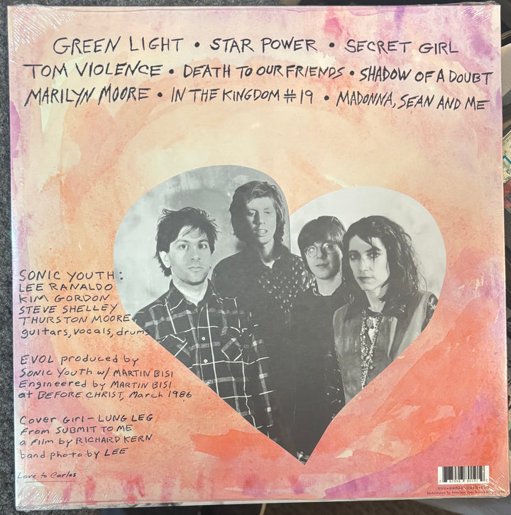 Sonic Youth - Evol  cover with band members and text on a watercolor background