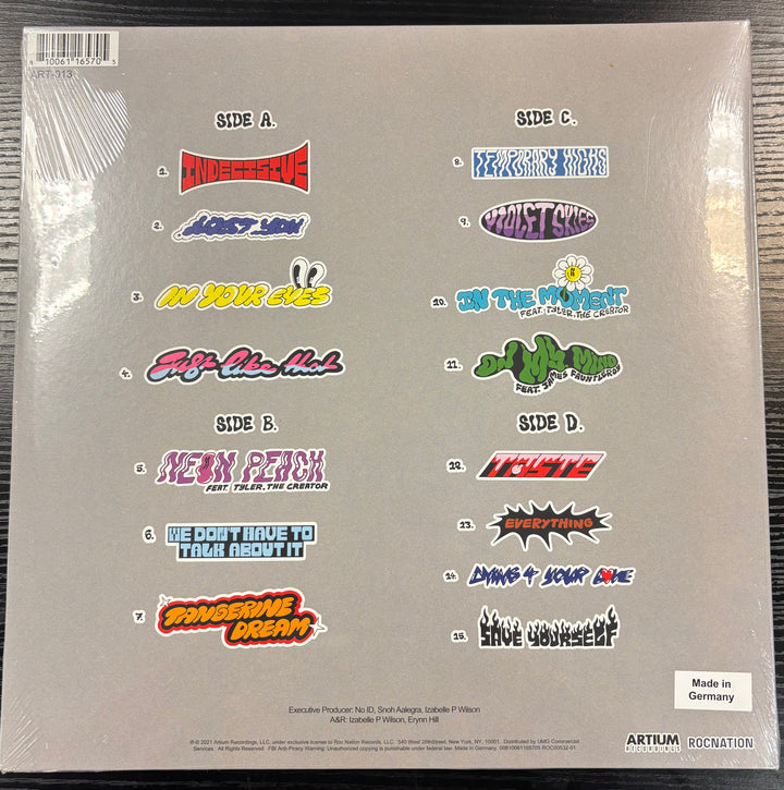 SNOH AALEGRA - TEMPORARY HIGHS IN THE VIOLET SKIES back vinyl record cover with colorful text and graphics on a gray background