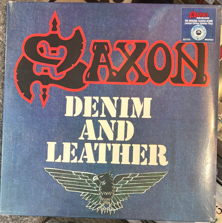 Vinyl record cover for 'Denim and Leather' by Saxon with prominent branding and design elements.