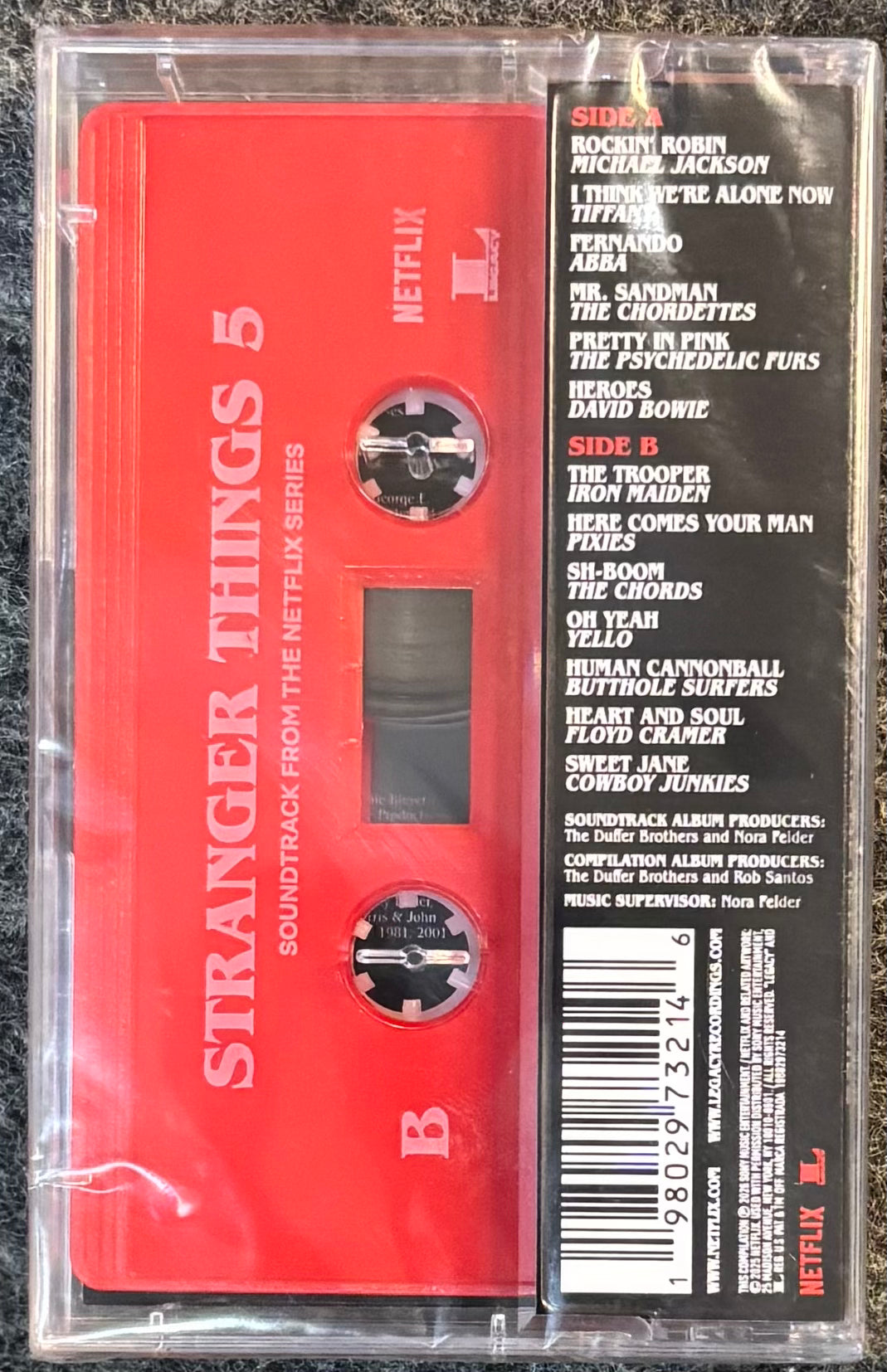 Cassette tape with 'Stranger Things' soundtrack from Netflix on a clear background