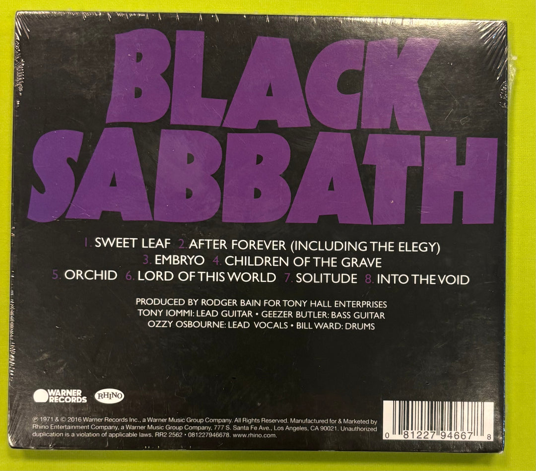 Back cover of a Black Sabbath album with purple text on a black background.