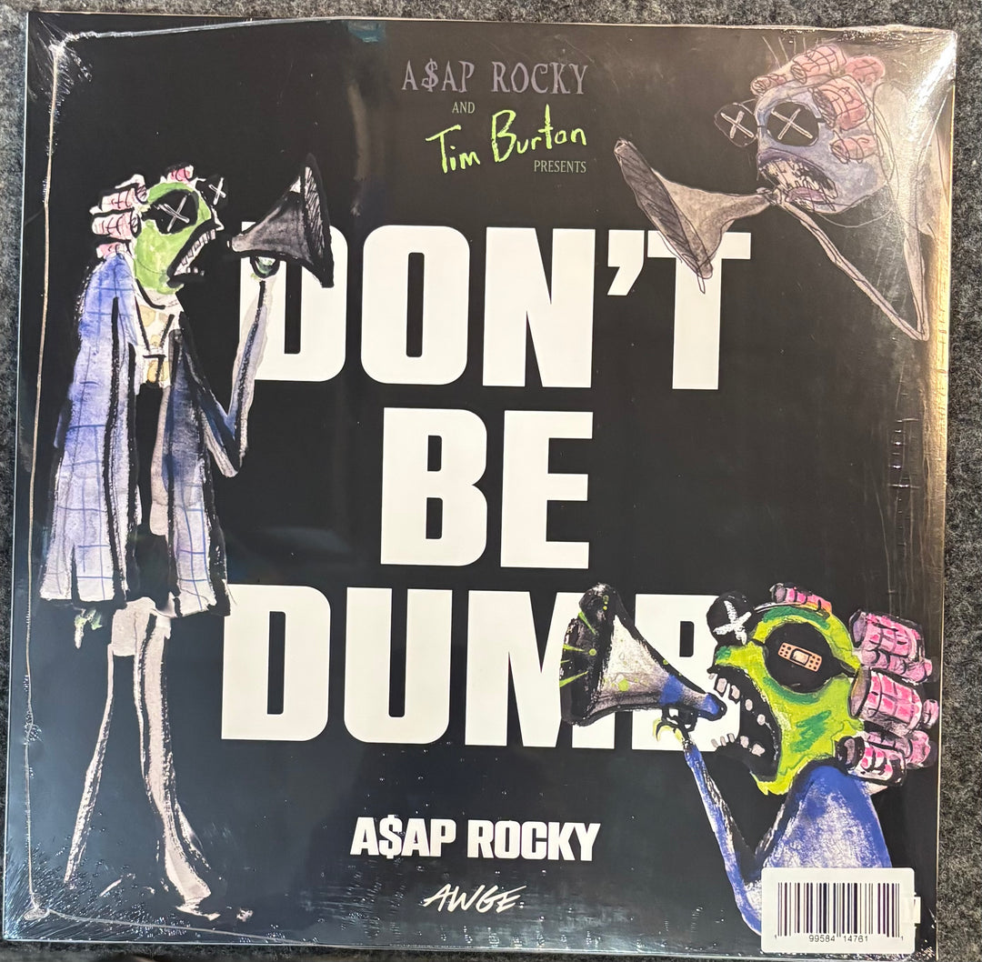 A$AP ROCKY – DON'T BE DUMB album cover with artistic illustrations and text 'Don't Be Dumb' by A$AP Rocky and Tim Burton.