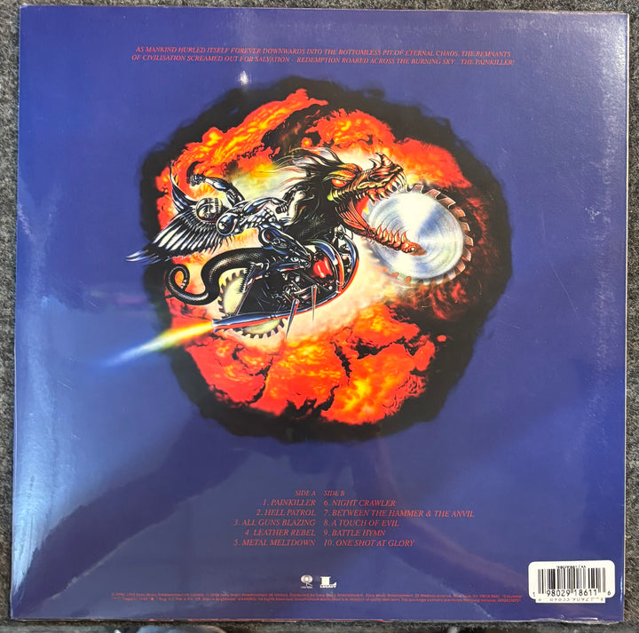 Judas Priest ‎– Painkiller record cover with a dragon and motorcycle design on a blue background