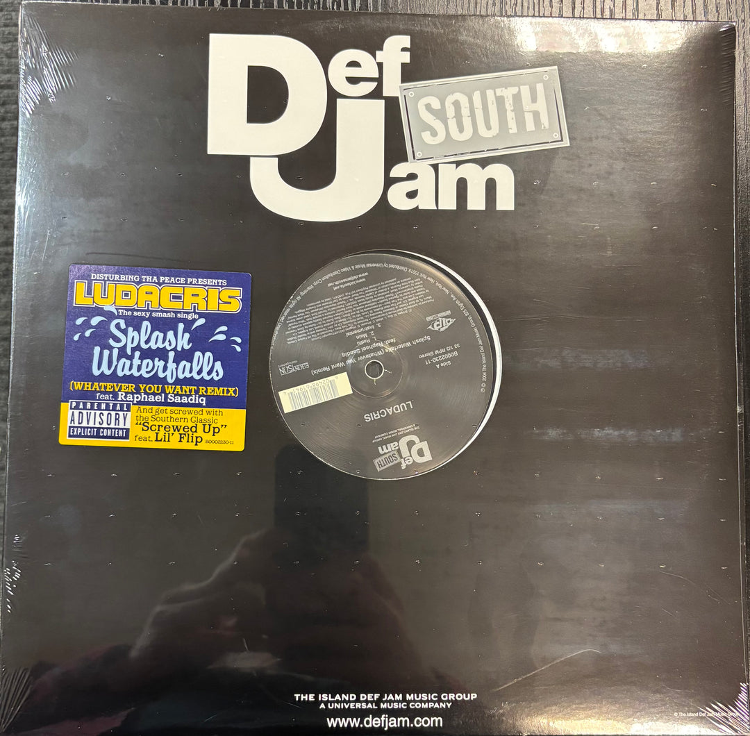 Ludacris – Splash Waterfalls / Blow It Out Def Jam record with Ludacris album cover and CD on a reflective surface
