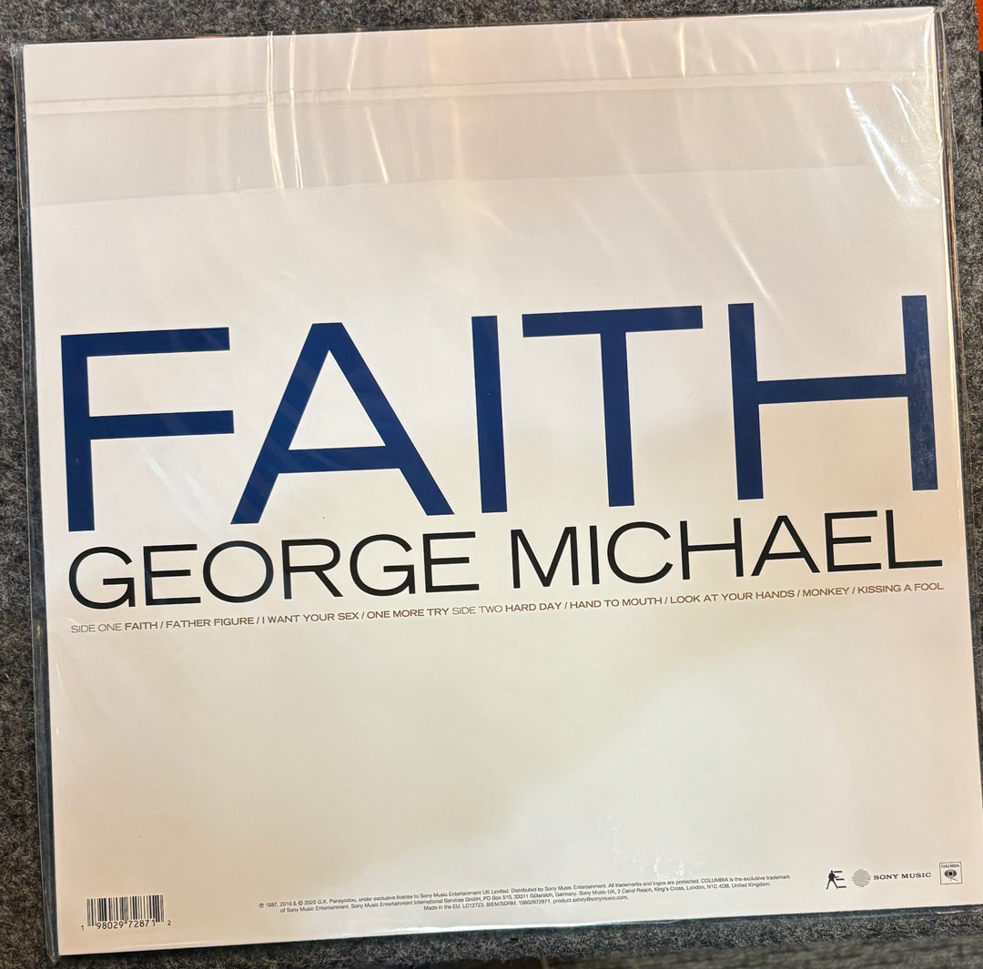 Album cover of 'Faith' by George Michael with blue and black text on a white background.