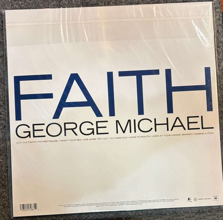 Album cover of 'Faith' by George Michael with blue and black text on a white background.