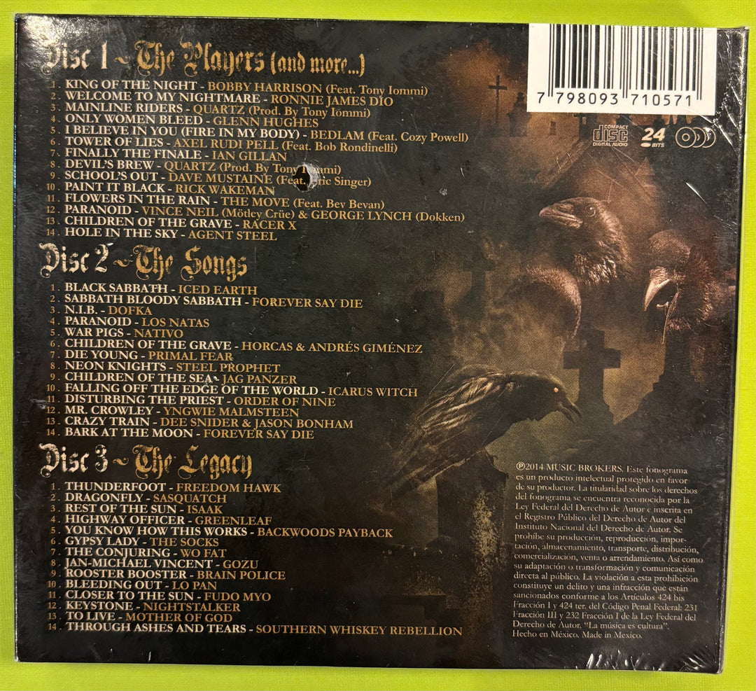 Back cover of a The Many Faces of Black Sabbath with tracklist and album art featuring crows on a dark background.