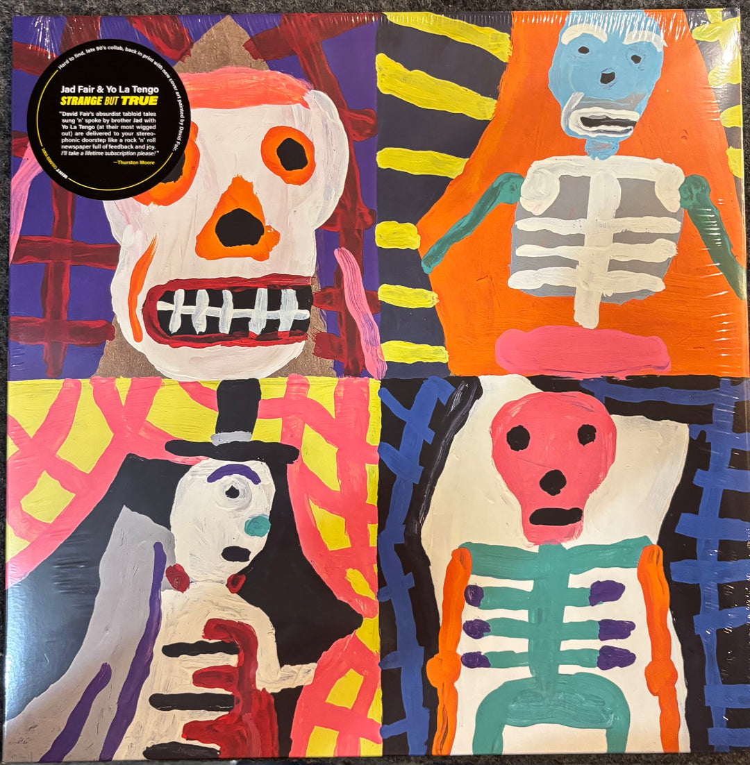 Colorful JAD FAIR & YO LA TENGO – STRANGE BUT TRUE cover with abstract human figures and text