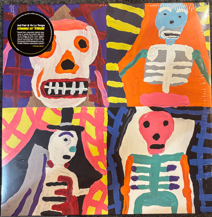 Colorful JAD FAIR & YO LA TENGO – STRANGE BUT TRUE cover with abstract human figures and text