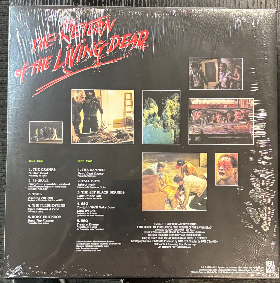 Back cover of 'The Return of the Living Dead' vinyl record with album art and tracklist.