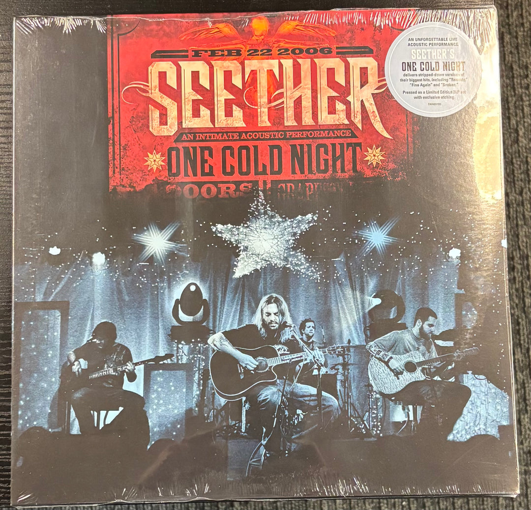 Vinyl record cover for Seether's 'One Cold Night' with concert image and red label.