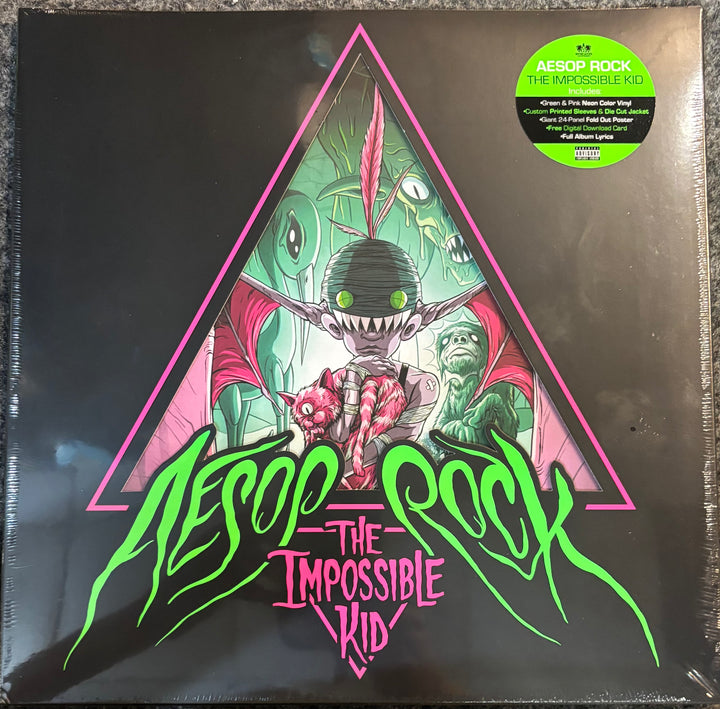 Aesop Rock - The Impossible Kid vinyl record cover, showing the black sleeve with a large pink and green triangular graphic and a green sticker in the top right corner.