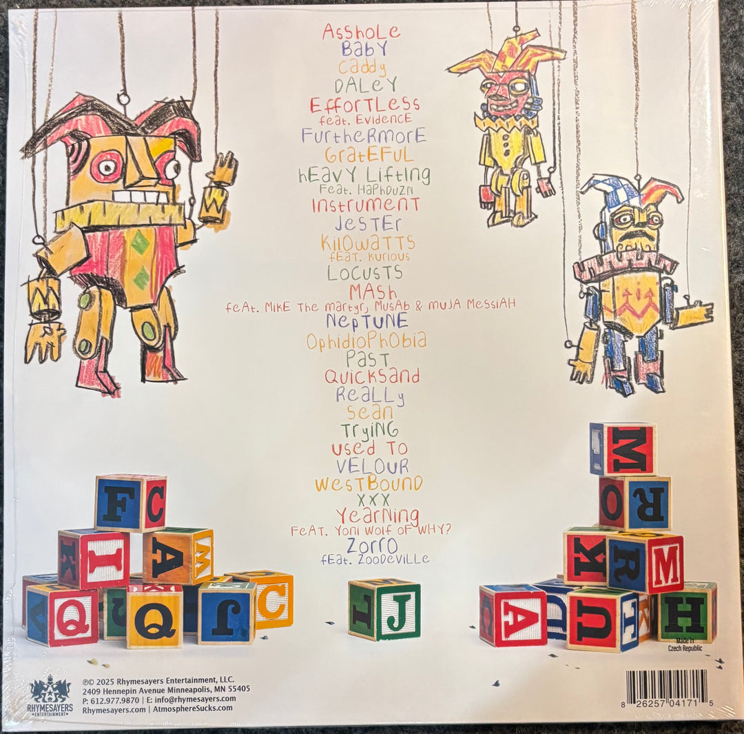 The back cover of the album 'Atmosphere - Jestures, featuring three colorful hand-drawn puppet characters hanging from strings, a central tracklist, and stacked toy blocks at the bottom on a white background.