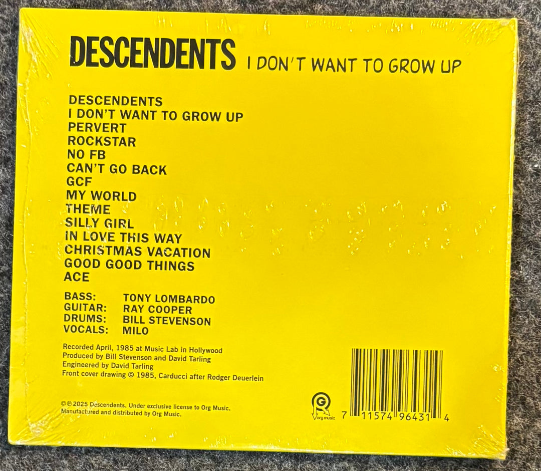 The back cover of Descendents – I Don't Want To Grow Up, sealed in plastic shrink wrap and photographed on a dark textured surface.