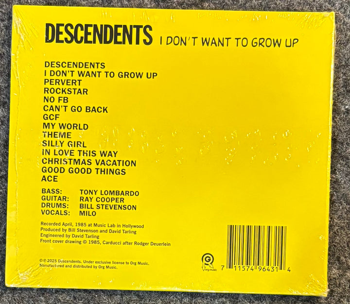 The back cover of Descendents – I Don't Want To Grow Up, sealed in plastic shrink wrap and photographed on a dark textured surface.